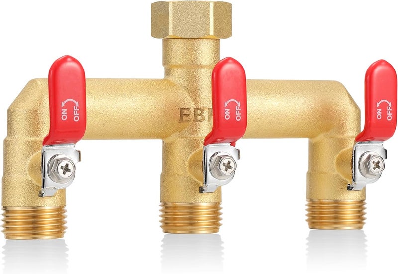 EBH Garden Hose Splitter, 3-Way High Flow Heavy Duty Brass Outdoor Hose Manifold with Long Handles Full Flow Faucet Adapter- 3/4” GHT(RED) - Image 1